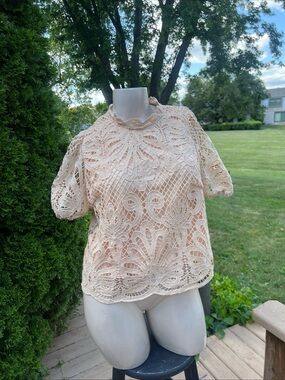 Peach Crochet Lace Short Sleeve Top cropped fits XL/XXL 3X see photos